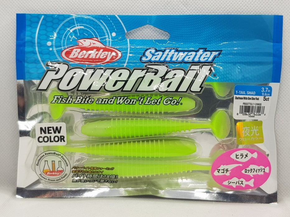 BERKLEY POWERBAIT T-Tail Shad 3.7" Chart White Glow Silver - Bait Tackle Store